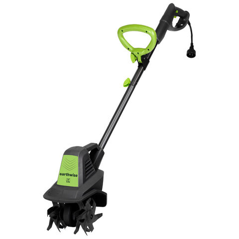 Earthwise TC70025 tiller, front view, ideal for small garden bed prep.