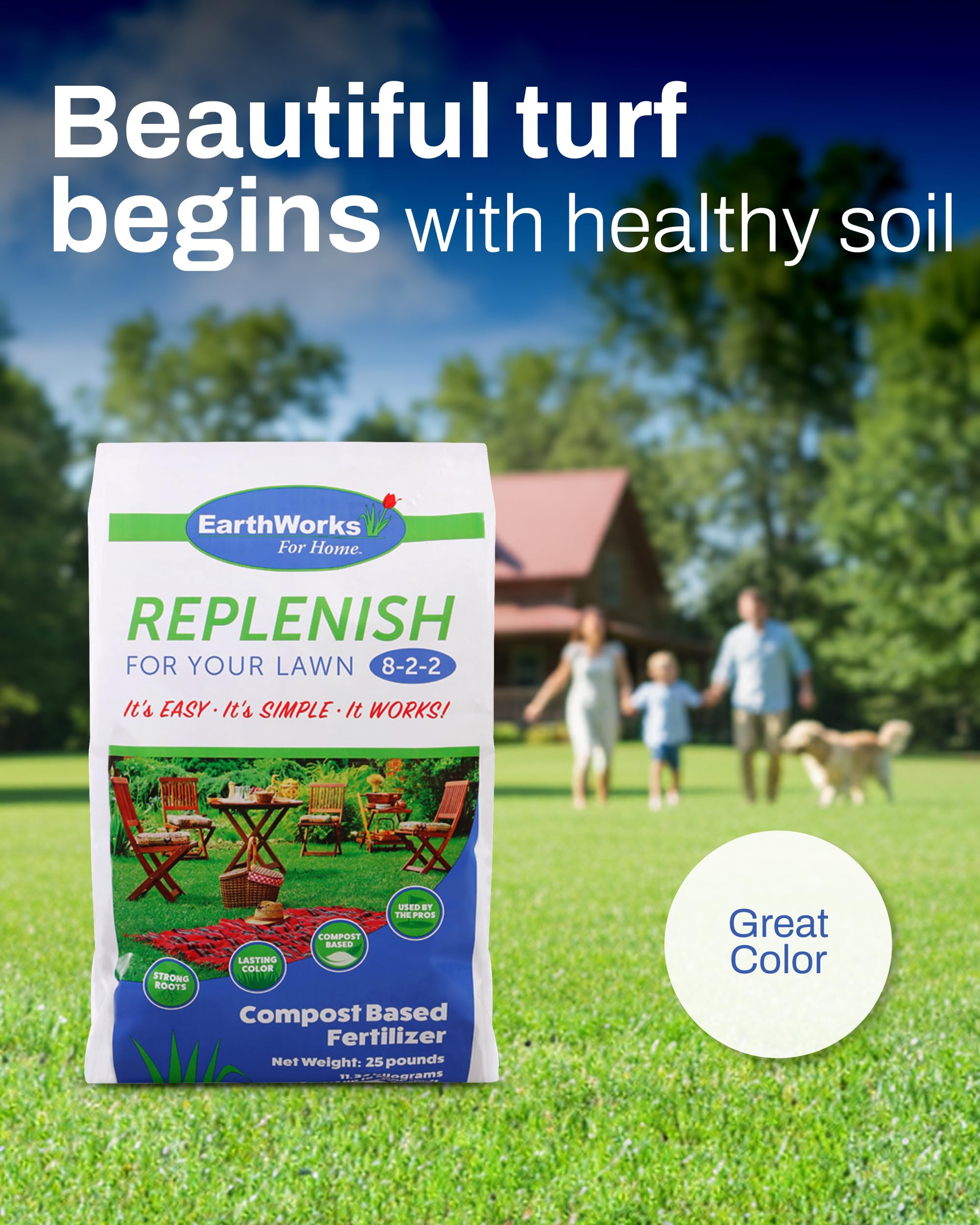 EarthWorks EW4H Replenish deep-roots illustration promoting drought-tolerant turf.
