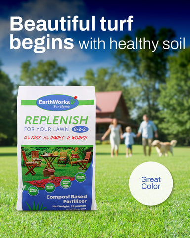 EarthWorks EW4H Replenish deep-roots illustration promoting drought-tolerant turf.