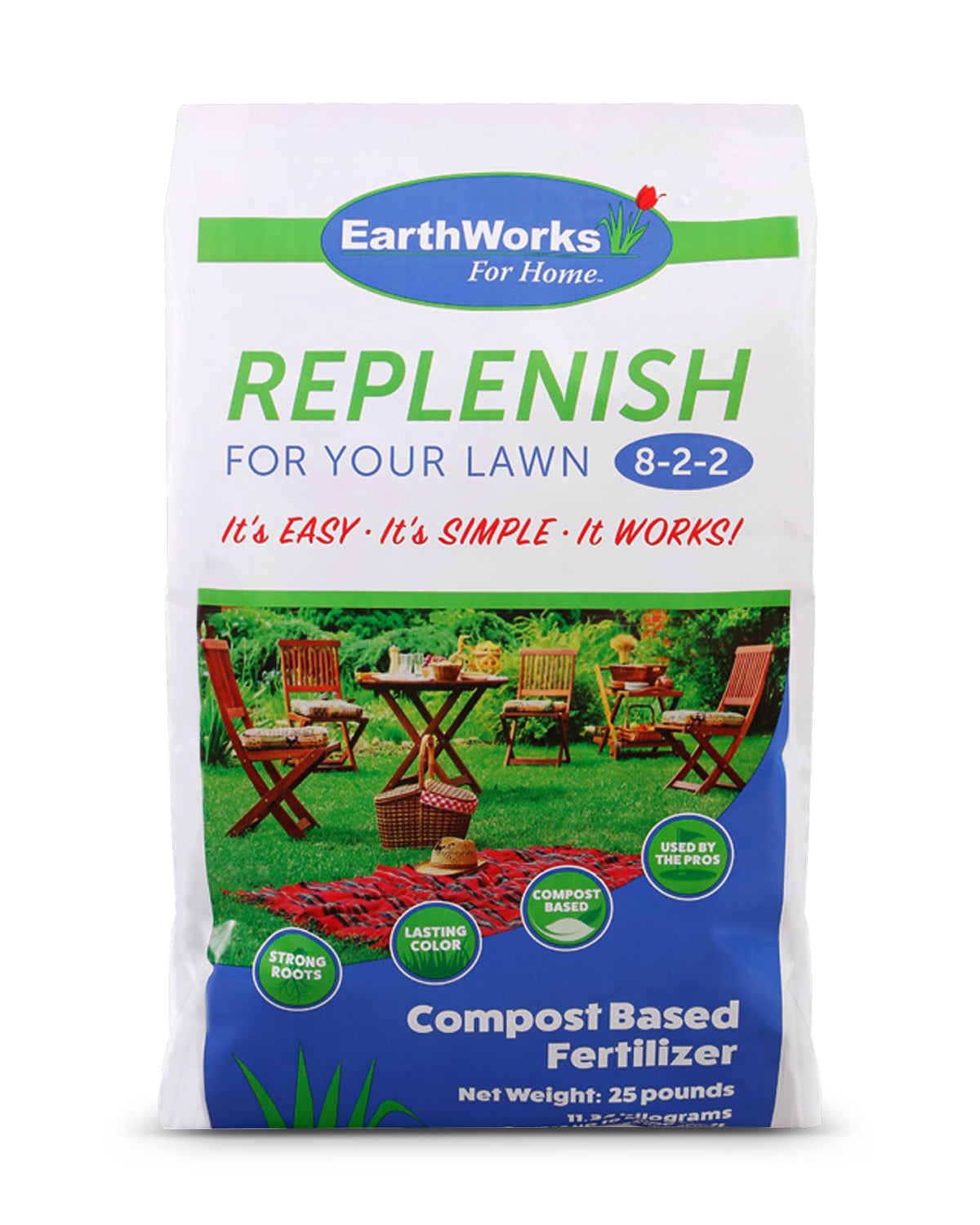 EarthWorks EW4H Replenish bag front view for soil-friendly lawn feeding.