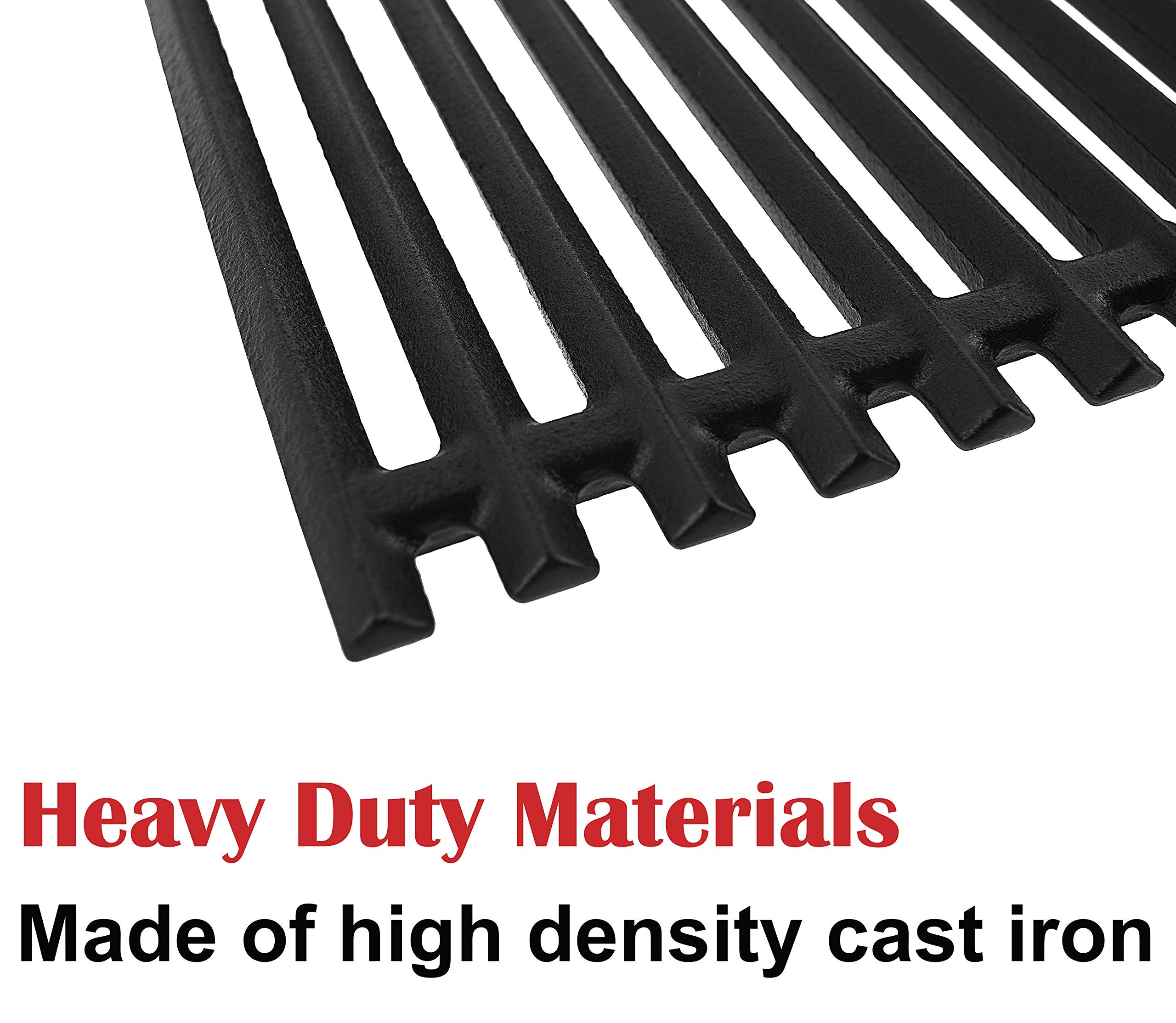 Three-pack cast iron grates measure 17 by 7.5 inches for Char-Broil compatibility
