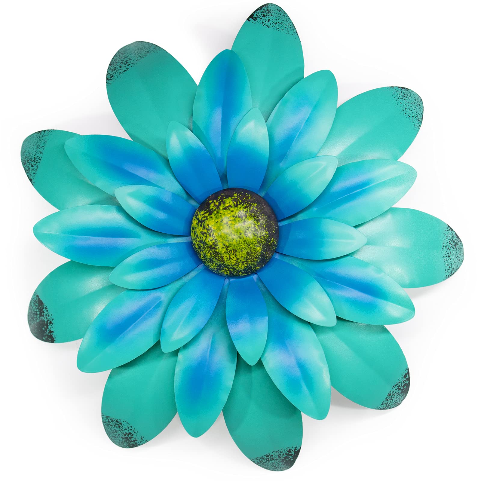 EASICUTI blue metal flowers wall decor on wall adds a refreshing focal point.