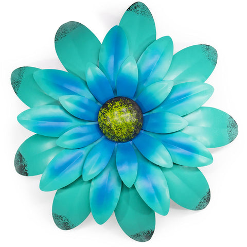 EASICUTI blue metal flowers wall decor on wall adds a refreshing focal point.