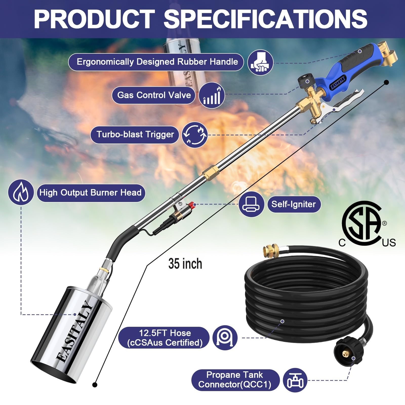 EASITALY propane torch with extended reach via 12-5ft hose for larger jobs.