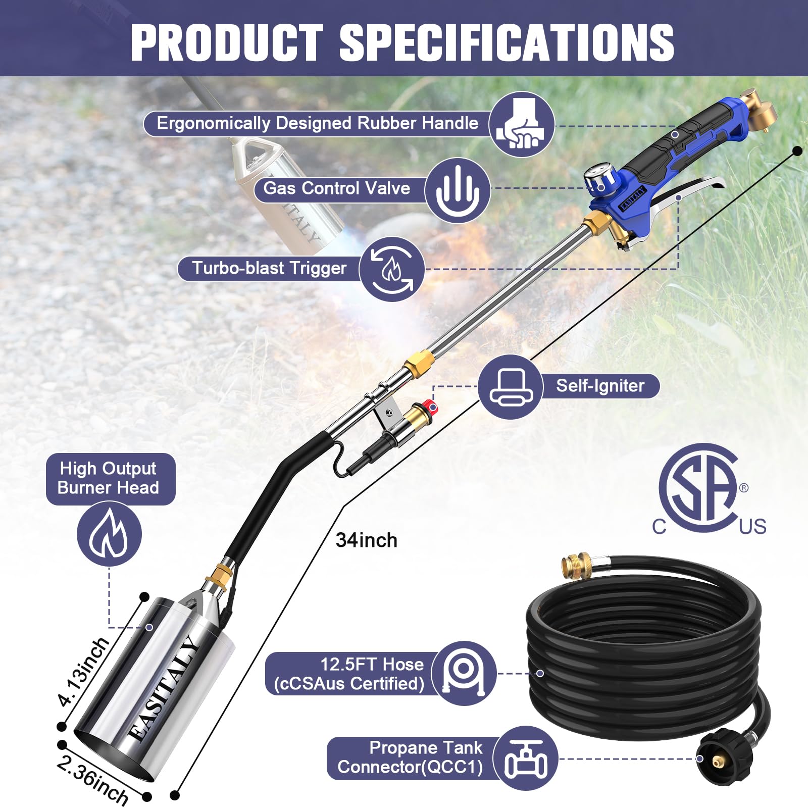 EASITALY propane torch weed burner kit dual-mode operation for short and long tasks