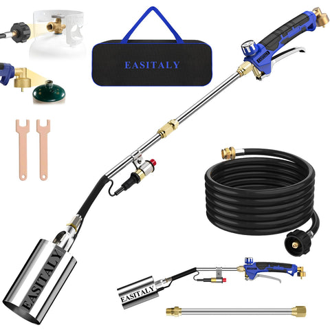 EASITALY propane torch weed burner kit with storage bag for organized garden tasks.