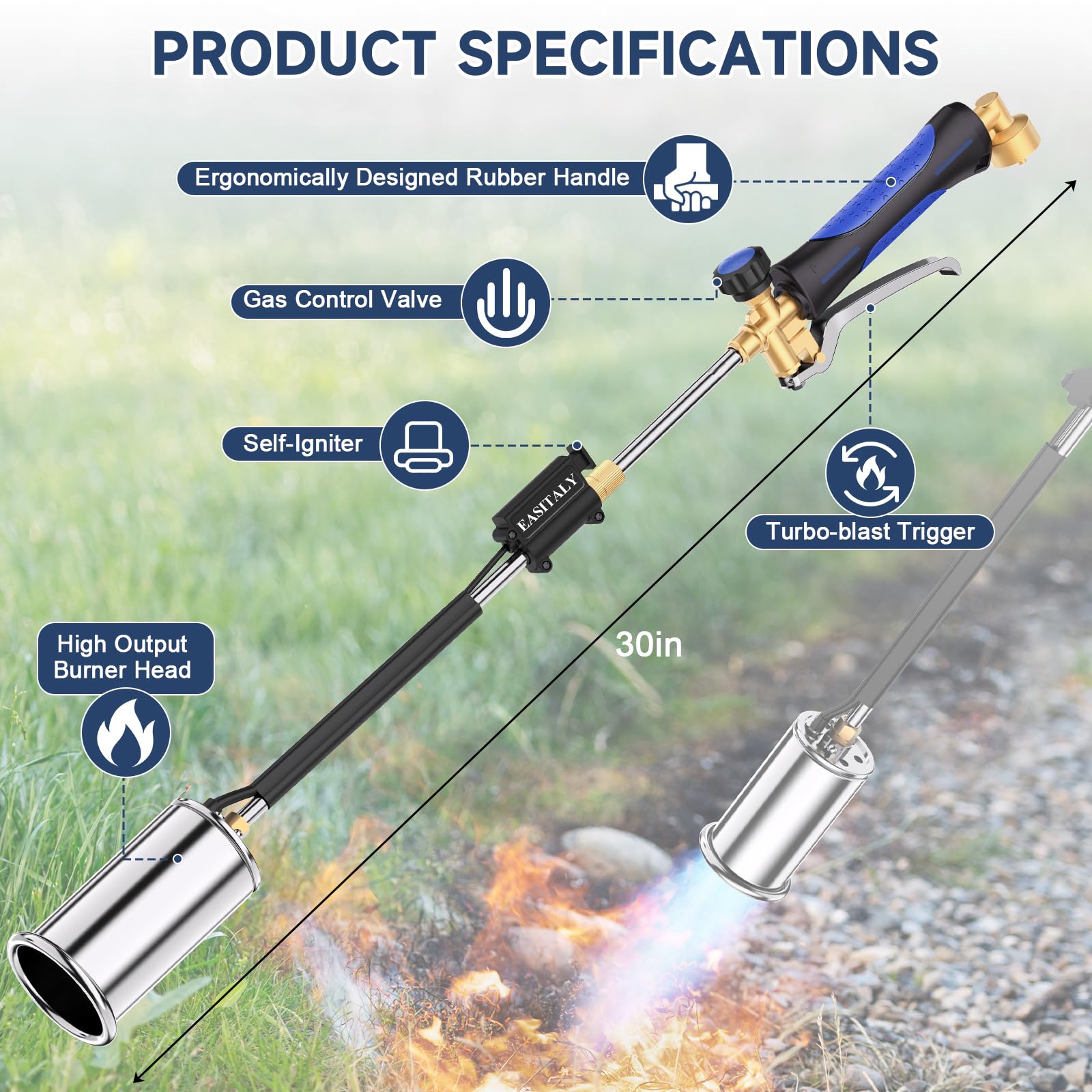 EASITALY weed torch ergonomic rubber handle for secure, fatigue-reducing grip.