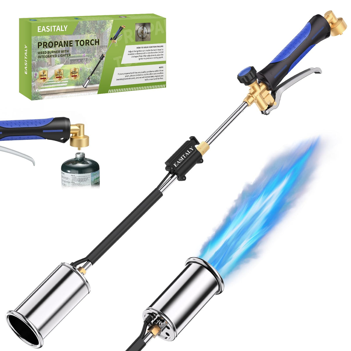 EASITALY weed torch with trigger for one-handed flame control during outdoor use.