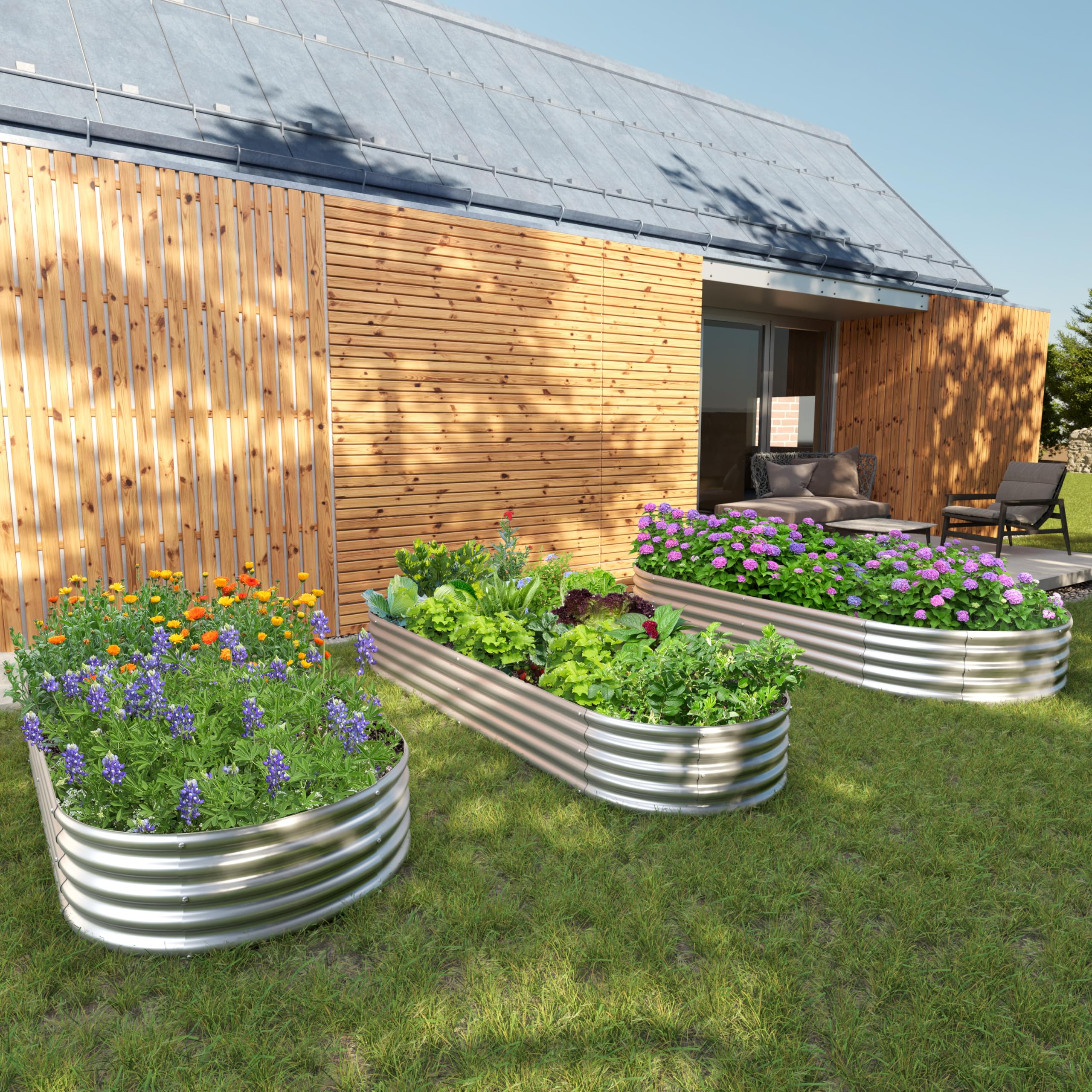 Outdoor patio setup with Easllre bed suitable for herbs and flowers
