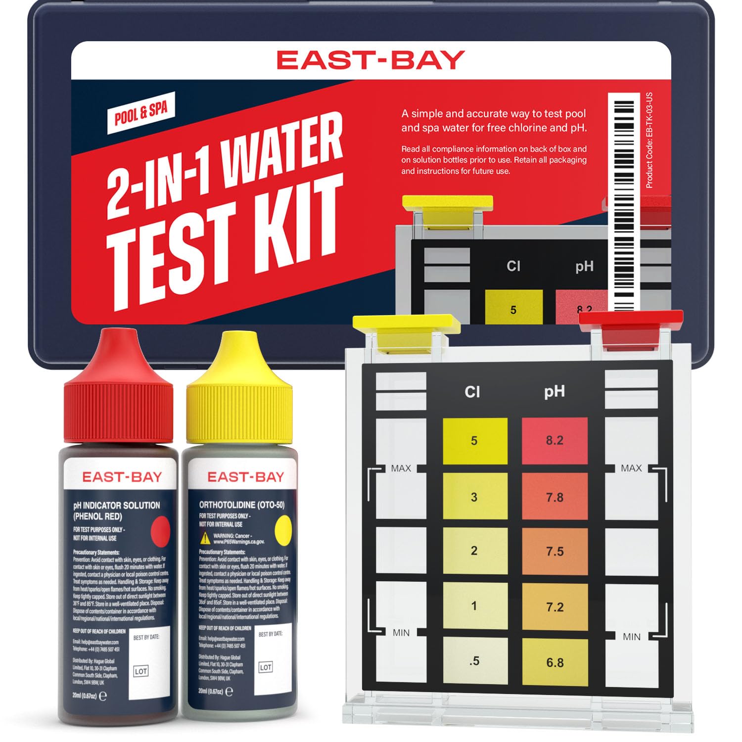East Bay 2-in-1 pool test kit front view shows compact setup for quick home testing