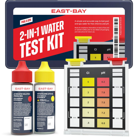 East Bay 2-in-1 pool test kit front view shows compact setup for quick home testing