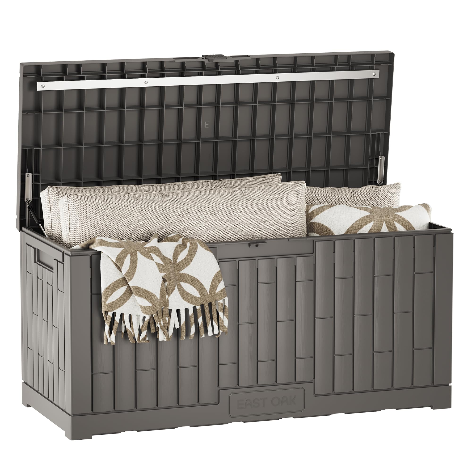 EAST OAK 120-gallon deck box stores cushions and gear with ease