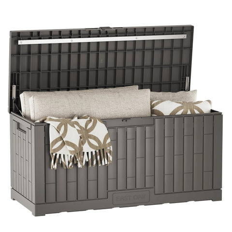 EAST OAK 120-gallon deck box stores cushions and gear with ease