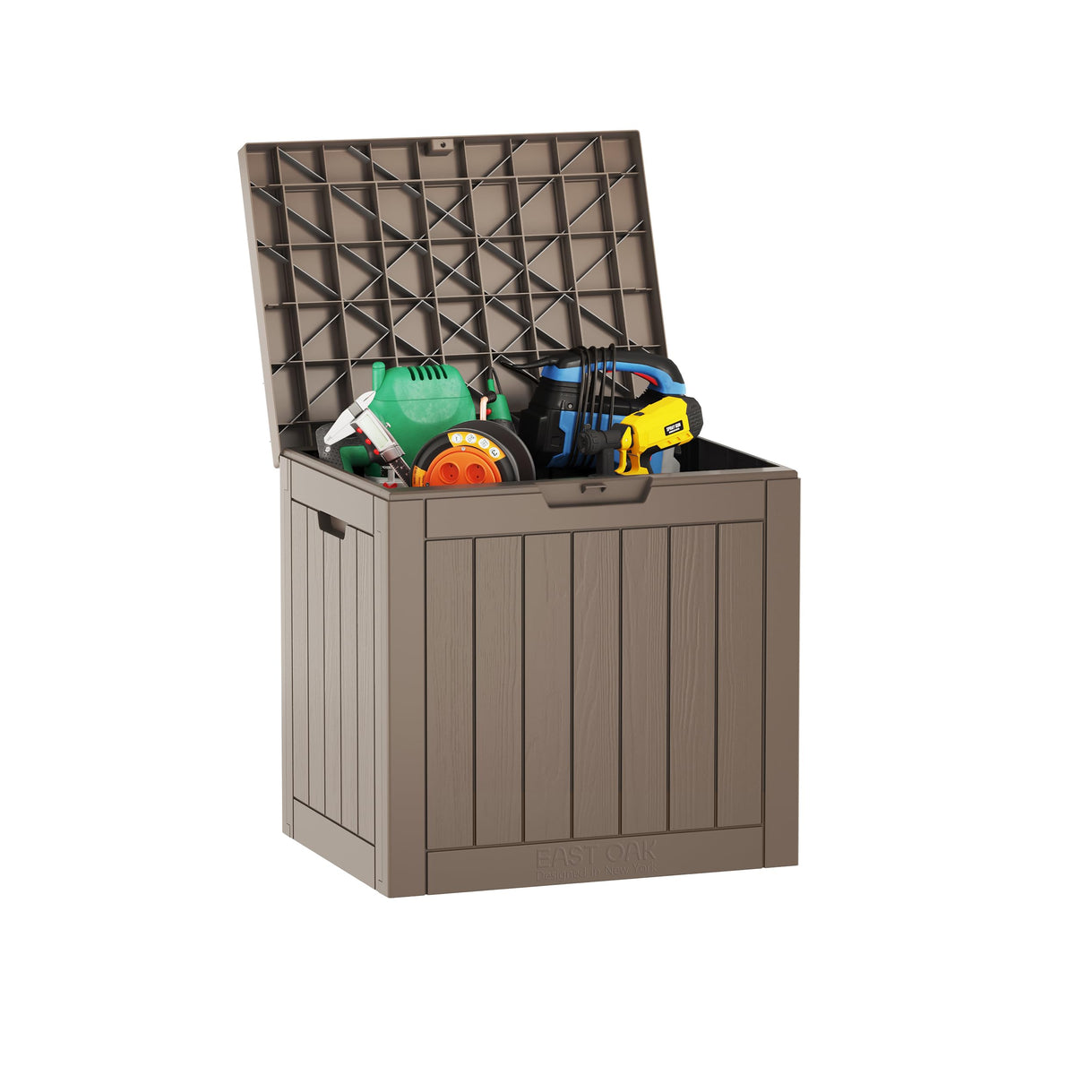 East Oak 31-gallon deck box front view storing cushions and outdoor essentials.