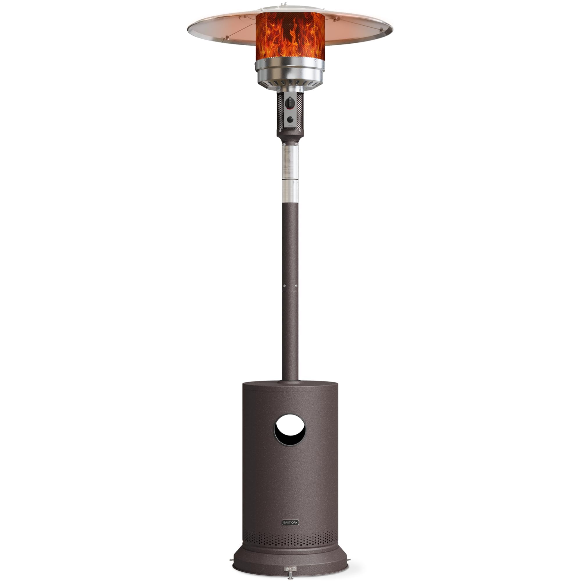 East Oak 48,000 BTU patio heater with table design provides convenient surface for snacks.