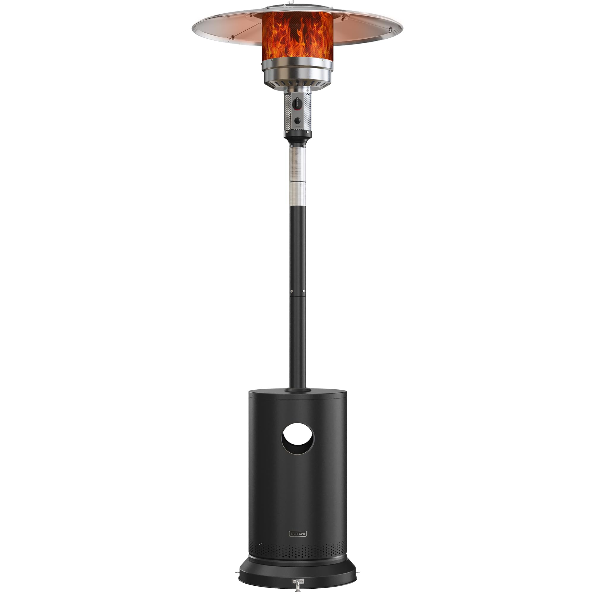 East Oak 50,000 BTU patio heater with round table design broadcasts outdoor warmth up to 18 feet.
