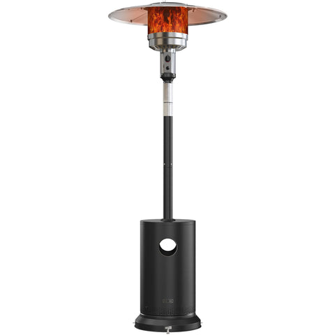 East Oak 50,000 BTU patio heater with round table design broadcasts outdoor warmth up to 18 feet.
