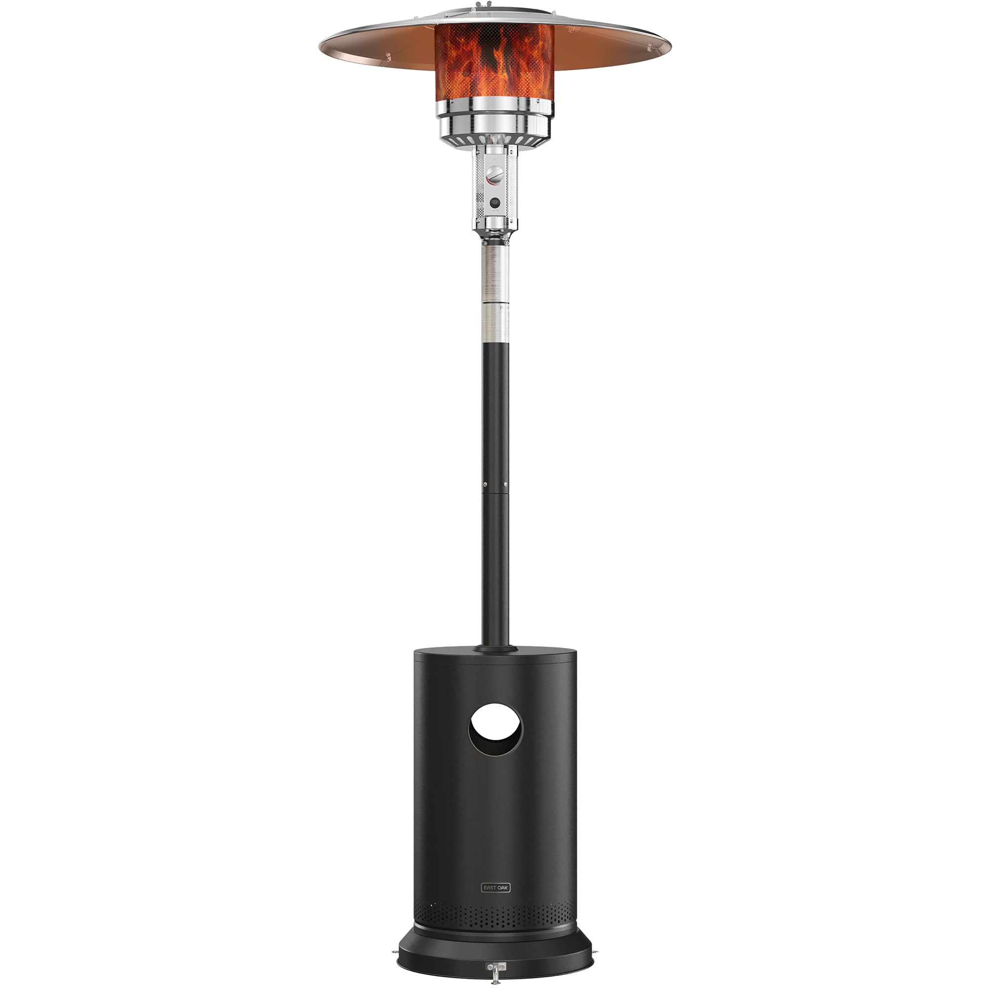 East Oak 55,000 BTU patio heater with round-table top for convenient warmth.