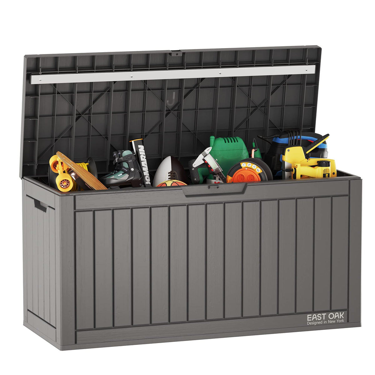 EAST OAK 60 gallon deck box front view for outdoor storage