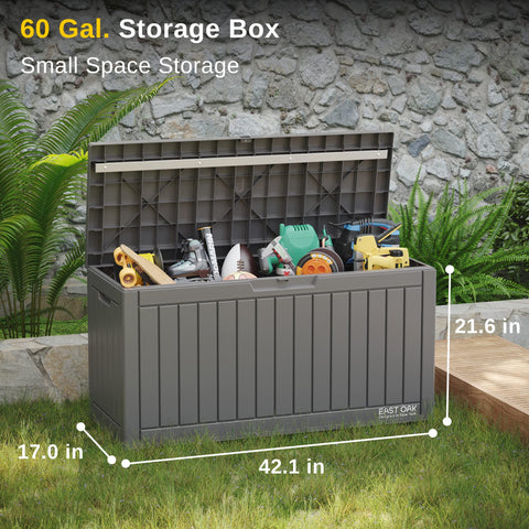 EAST OAK deck box side panel shows spacious interior for cushions and tools
