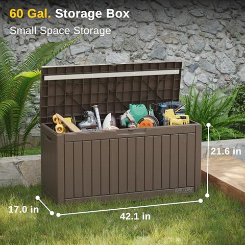 EAST OAK 60 gallon storage container setup demonstrates easy assembly and versatile indoor outdoor use