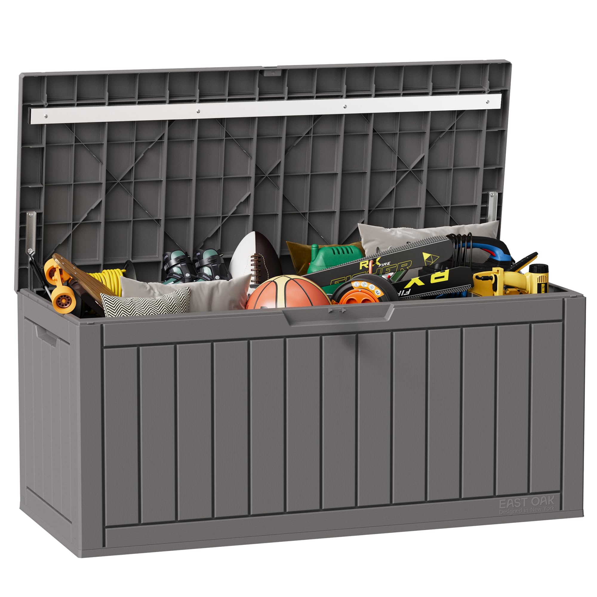 EAST OAK 90-gallon storage box showing ample capacity for cushions and tools.
