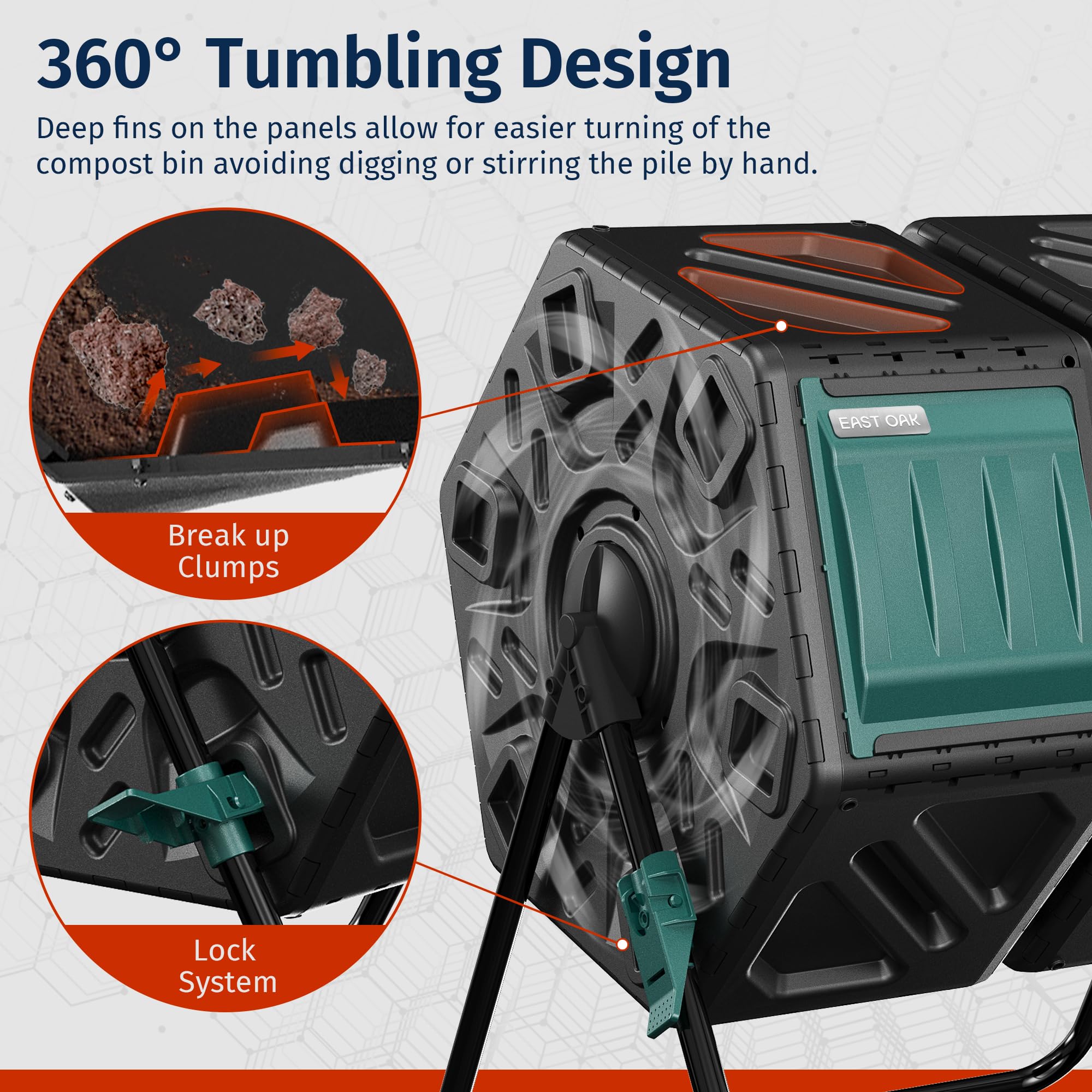 East Oak compost tumbler aeration holes and deep fins promote airflow