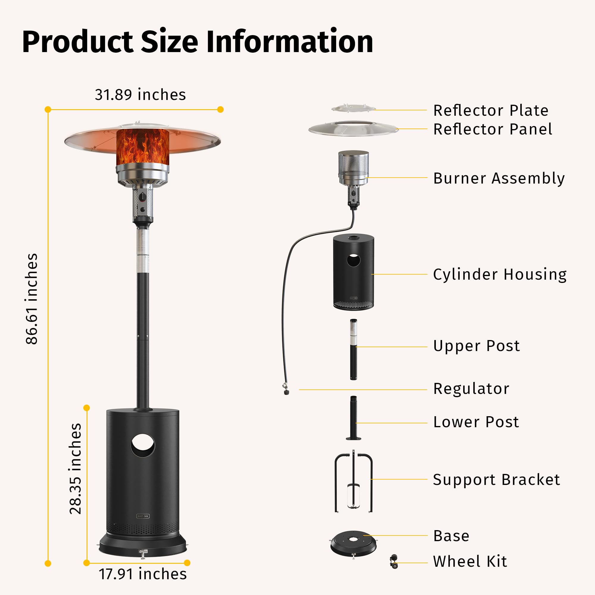 East Oak compact base and reflector directs heat outward effectively.