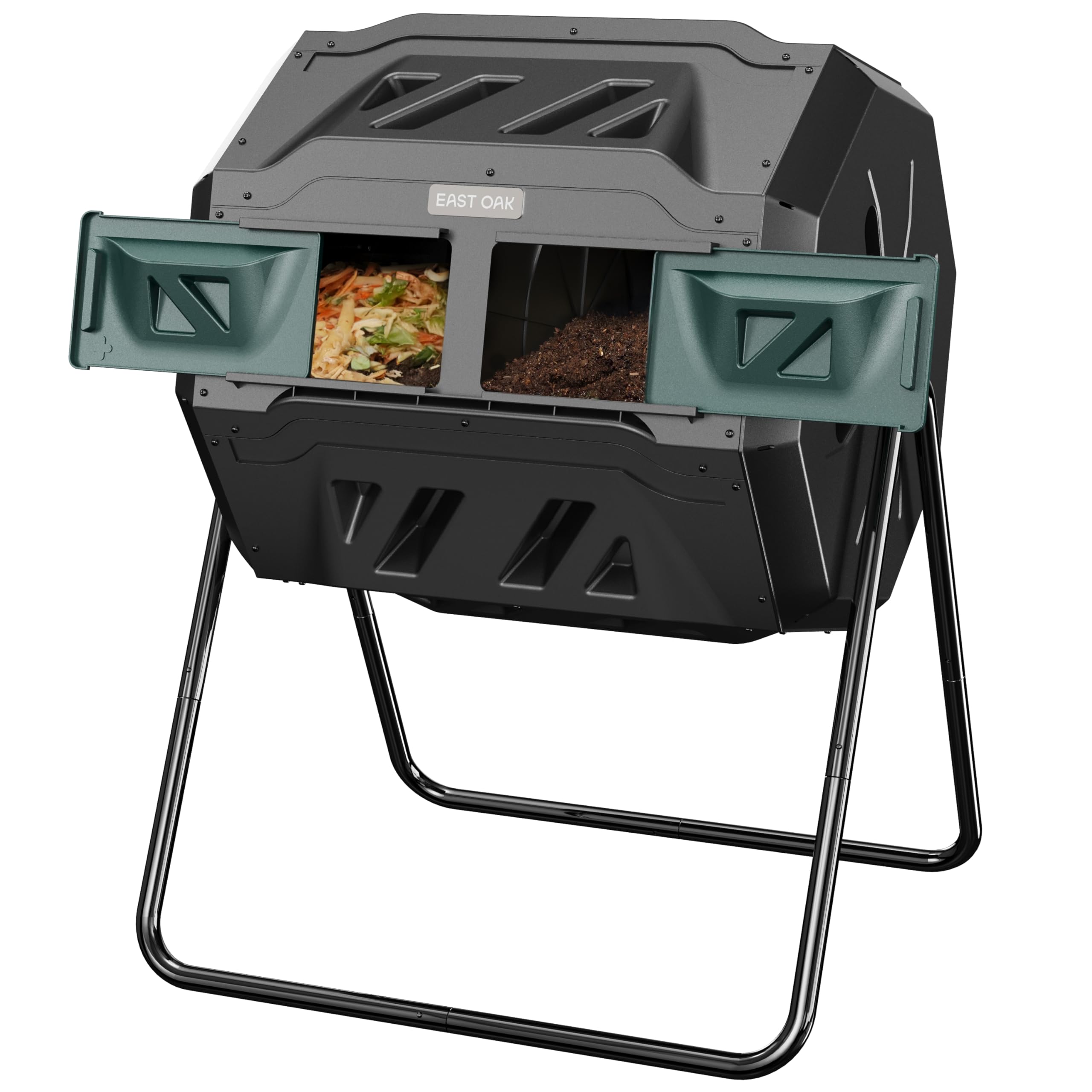 East Oak Compost Tumbler dual chamber enables continuous finished compost and active scraps intake.