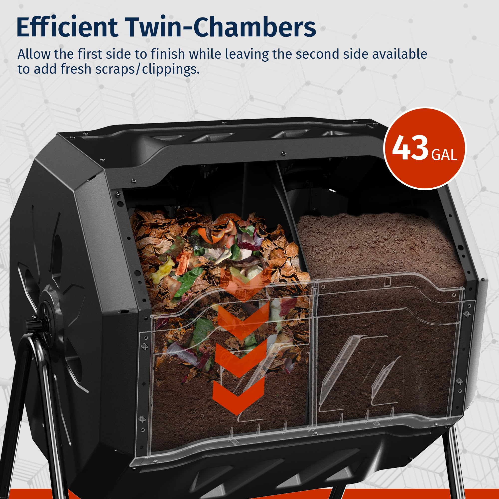 East Oak Compost Tumbler rotates 360° to mix materials without manual stirring.