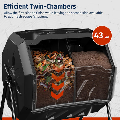 East Oak Compost Tumbler rotates 360° to mix materials without manual stirring.
