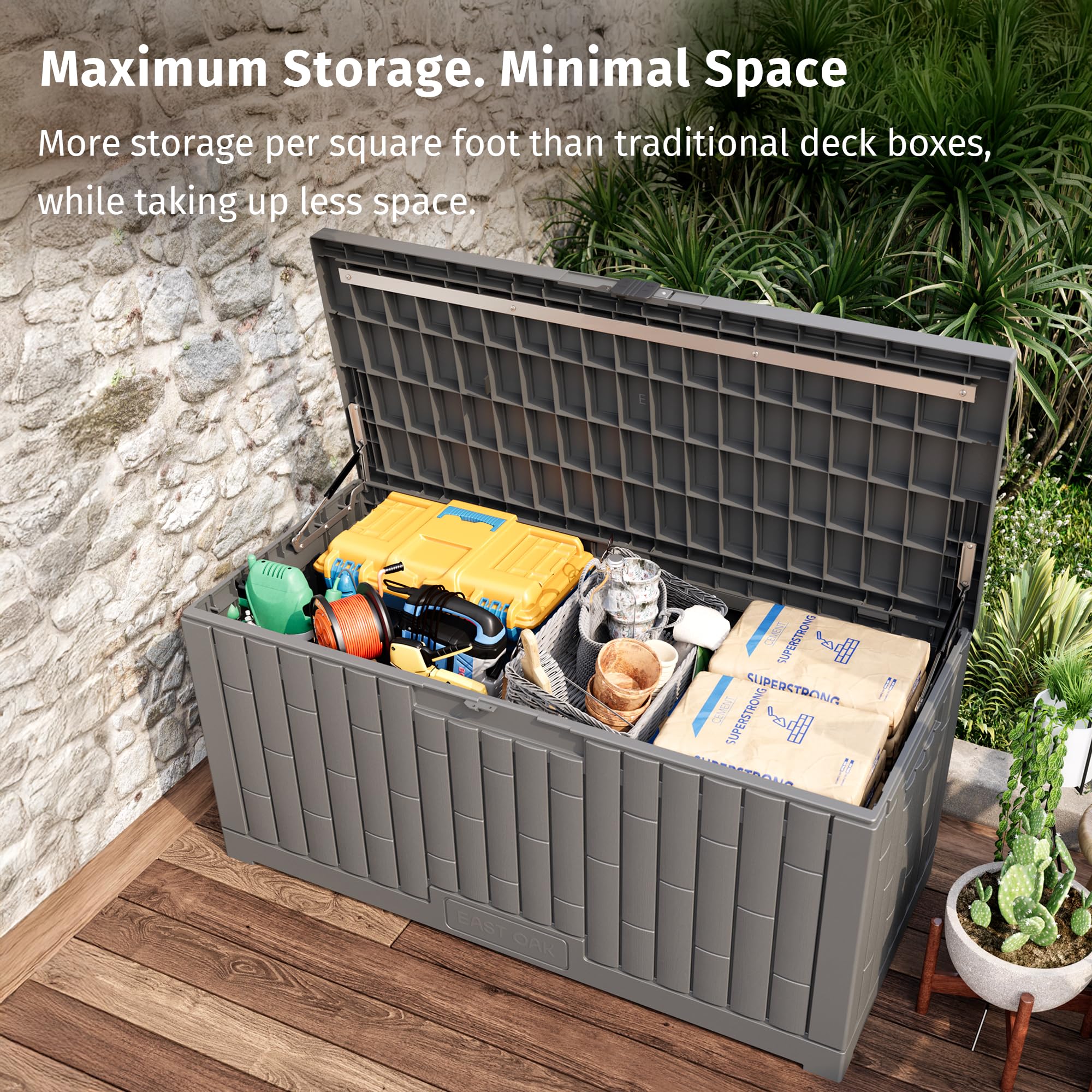 EAST OAK deck box with hydraulic lid offers hands-free access