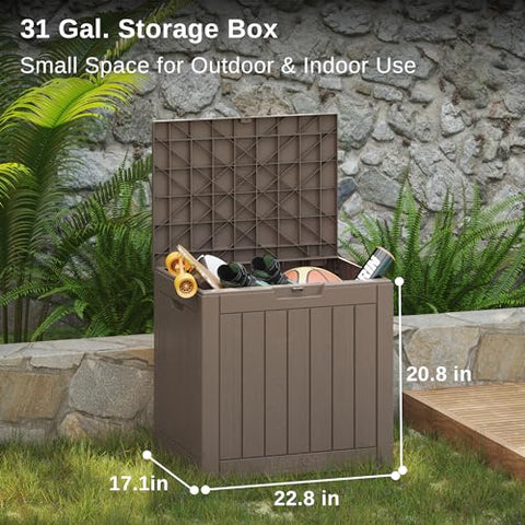 East Oak deck box lid open interior showcase organized storage capacity.