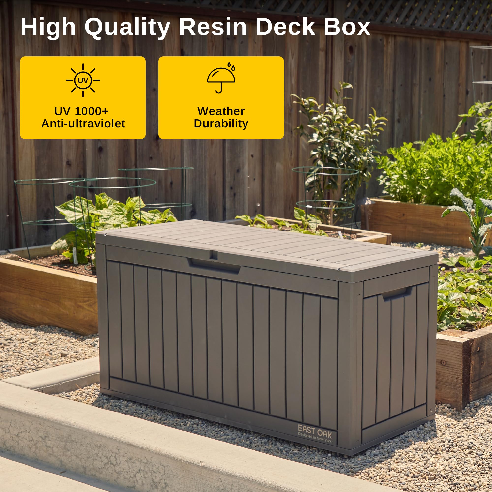 Lockable lid on EAST OAK deck box for secure outdoor storage