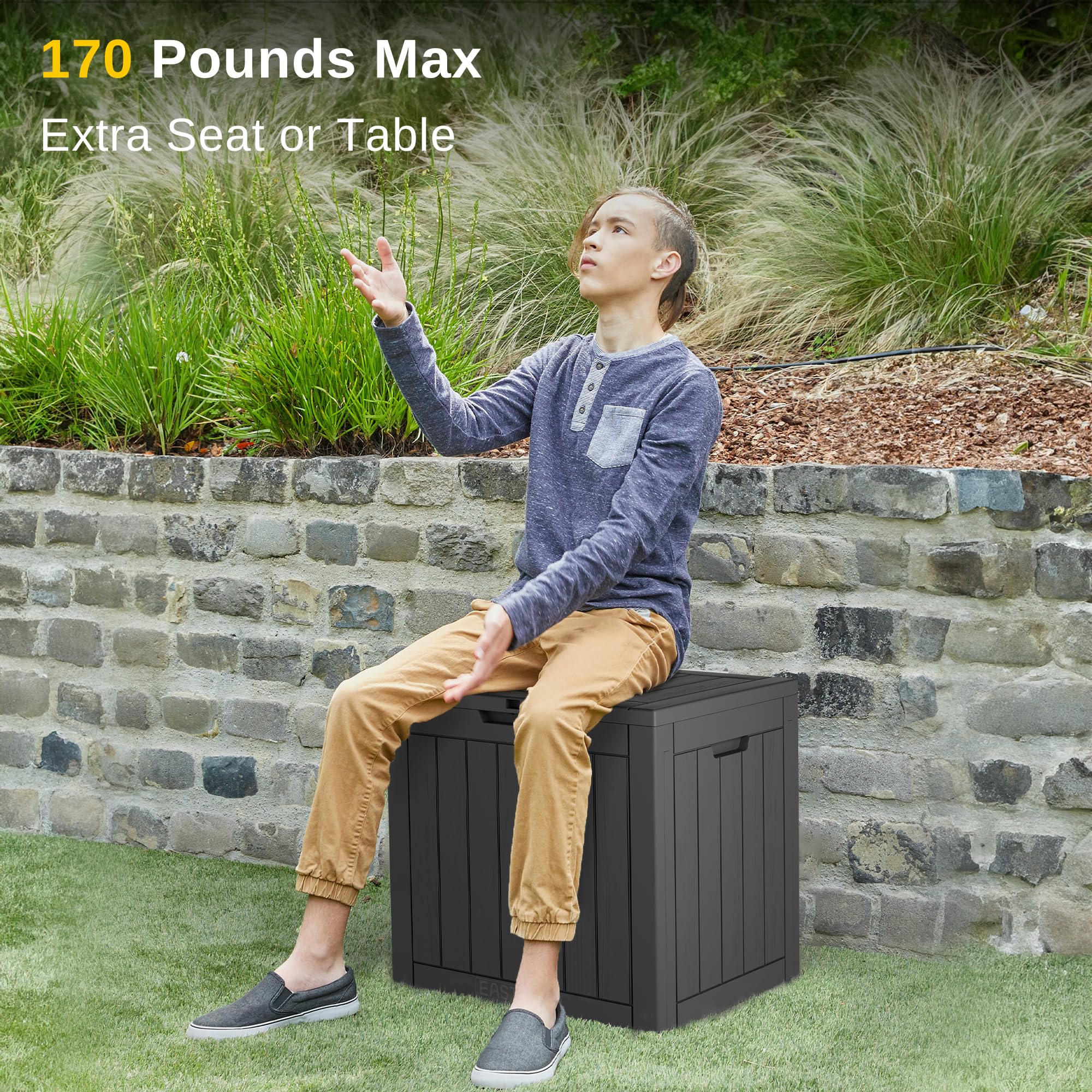 East Oak deck box waterproof resin construction protects contents outdoors.