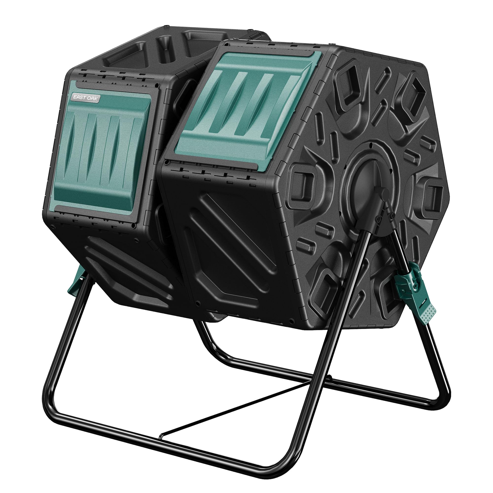 East Oak dual-chamber compost tumbler side view showing continuous cycle design