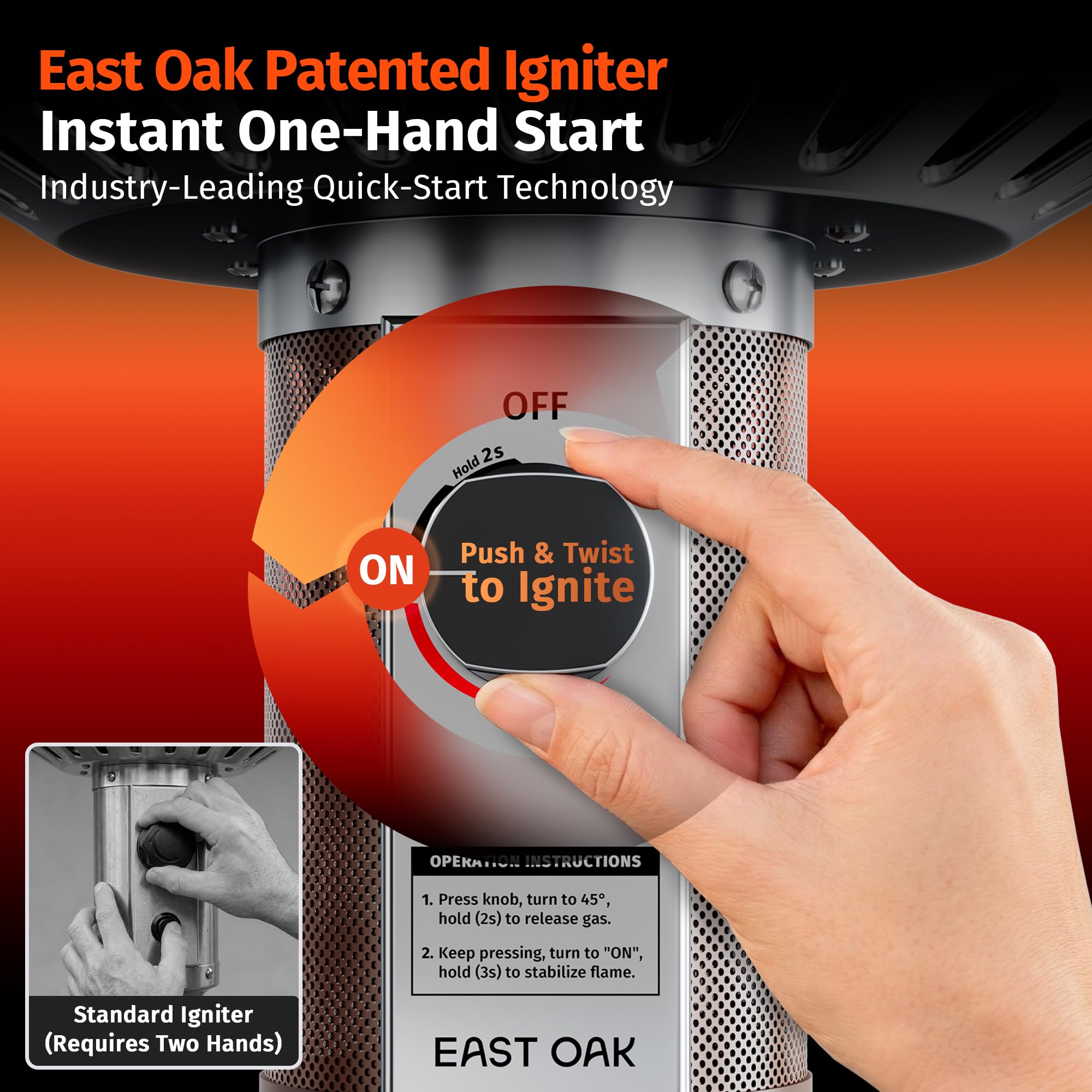 East Oak enhanced burner head delivering faster, more powerful outdoor warmth