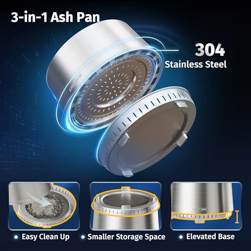 Elevated base and removable ash pan simplify cleanup after use.