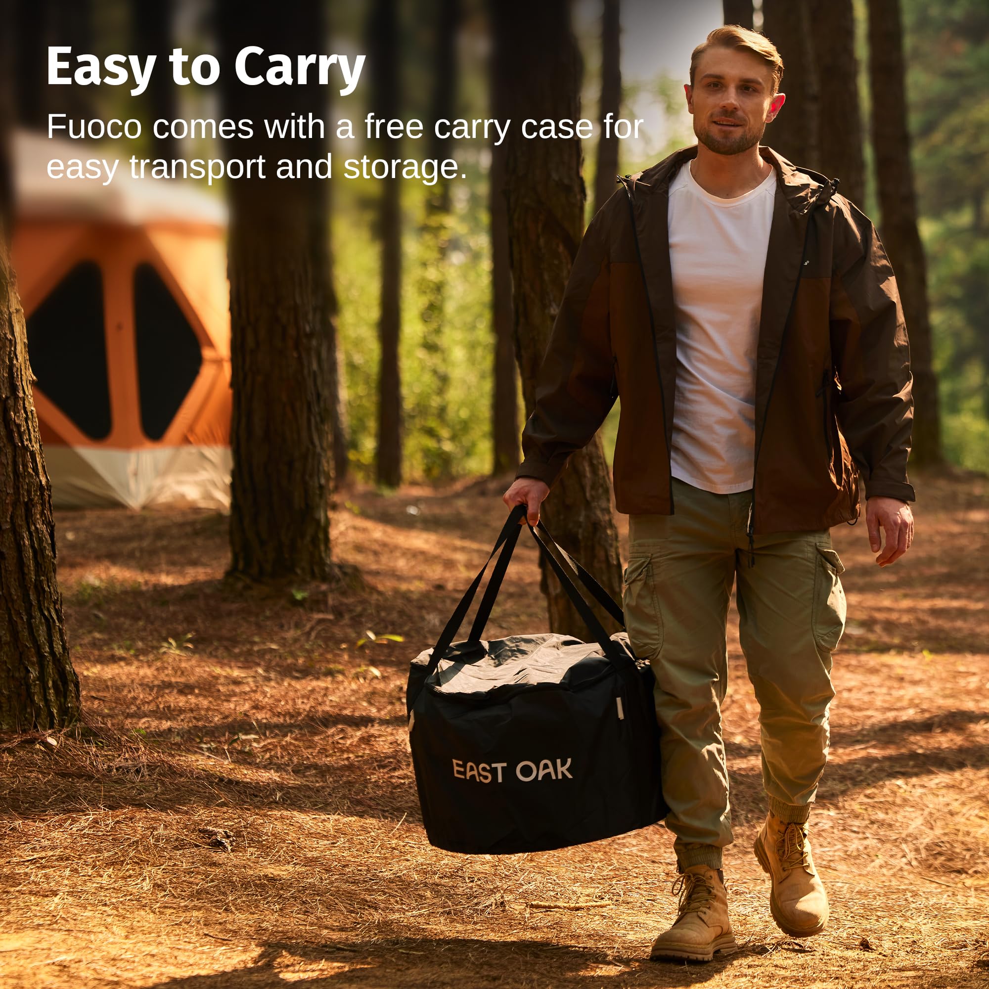 Portable Fuoco with carrying bag for effortless transport.
