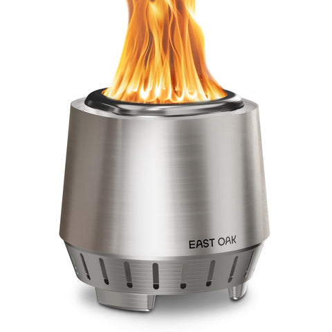 East Oak Fuoco smokeless fire pit delivers clean heat for outdoor gatherings.
