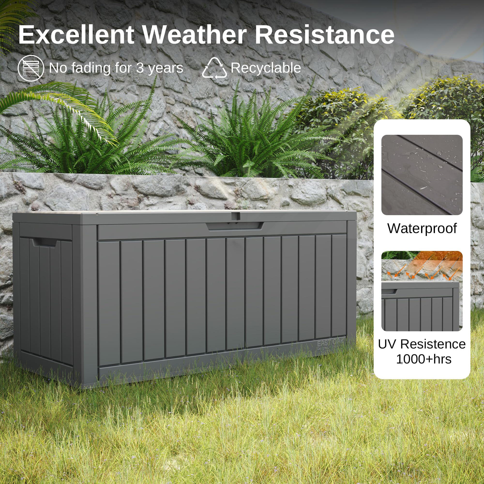 EAST OAK lockable deck box secures outdoor storage.