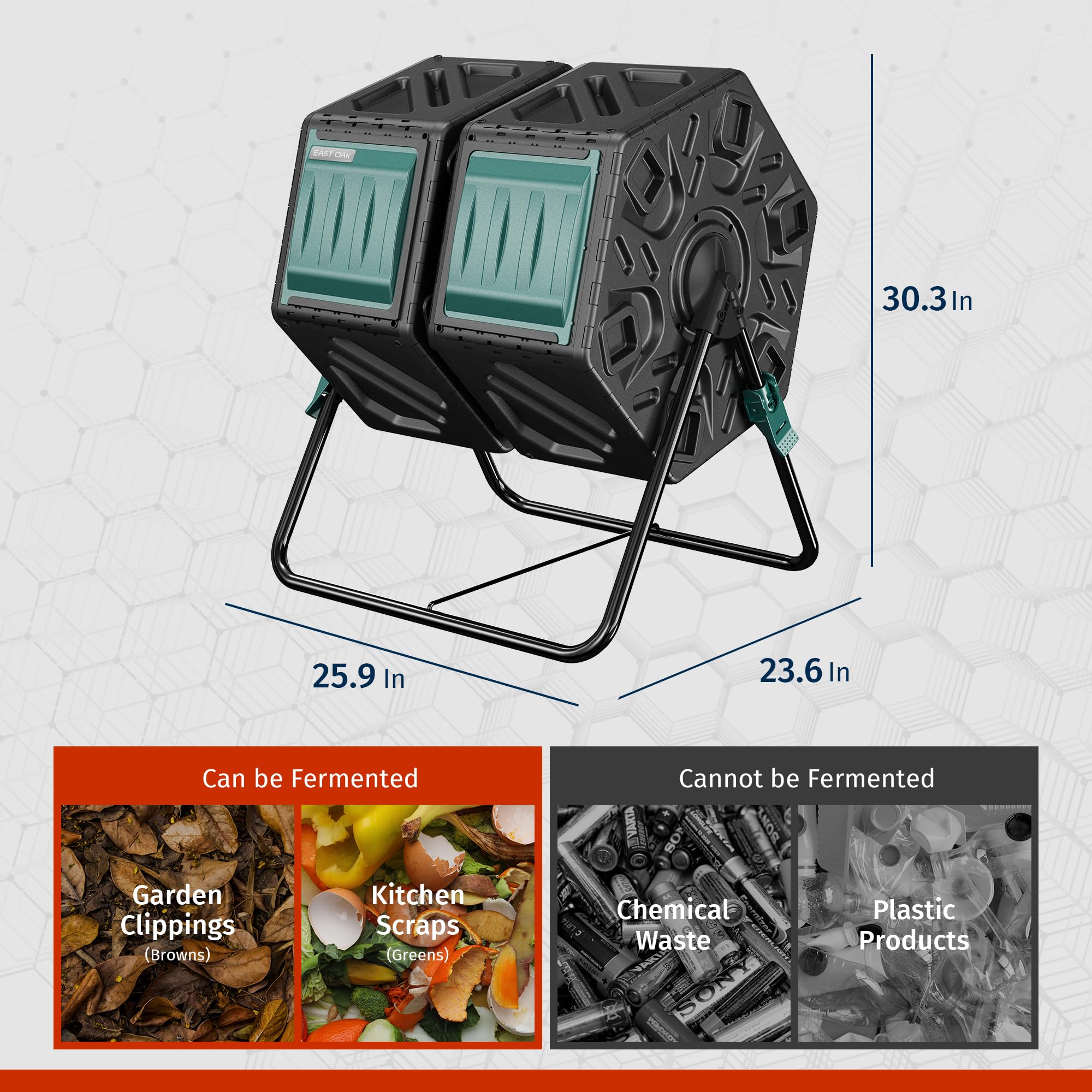 East Oak outdoor compost tumbler in a yard under sun