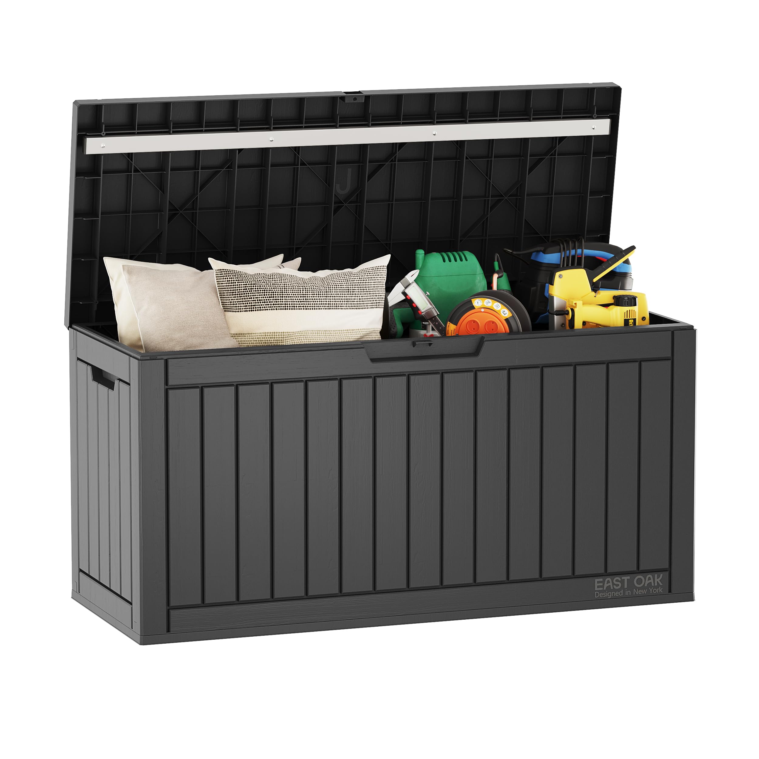 East Oak outdoor storage box exterior demonstrates a sturdy weatherproof design for patios.