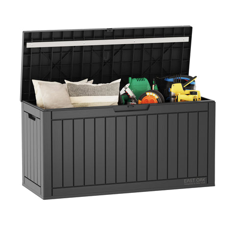 East Oak outdoor storage box exterior demonstrates a sturdy weatherproof design for patios.