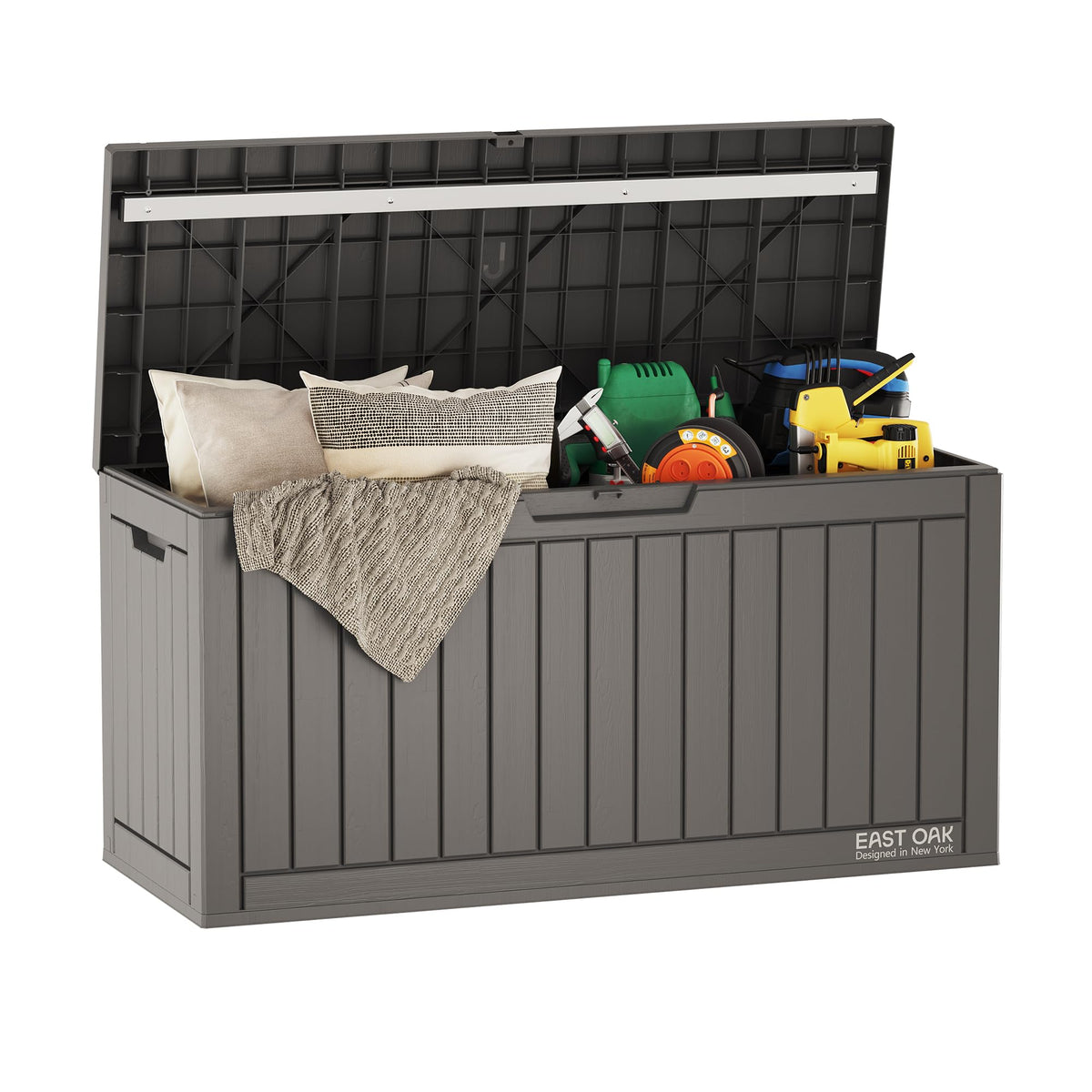 EAST OAK 60-gallon outdoor storage box showing spacious interior and exterior design for cushions and tools