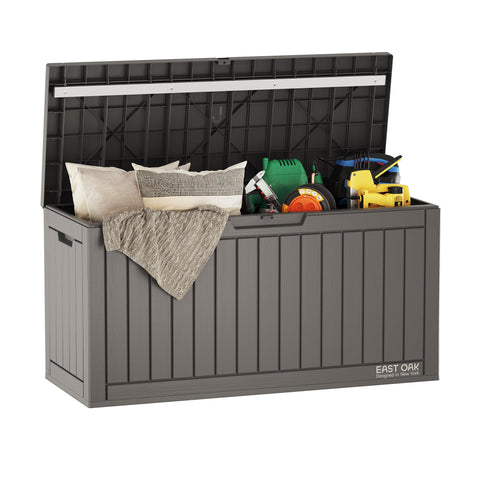 EAST OAK 60-gallon outdoor storage box showing spacious interior and exterior design for cushions and tools