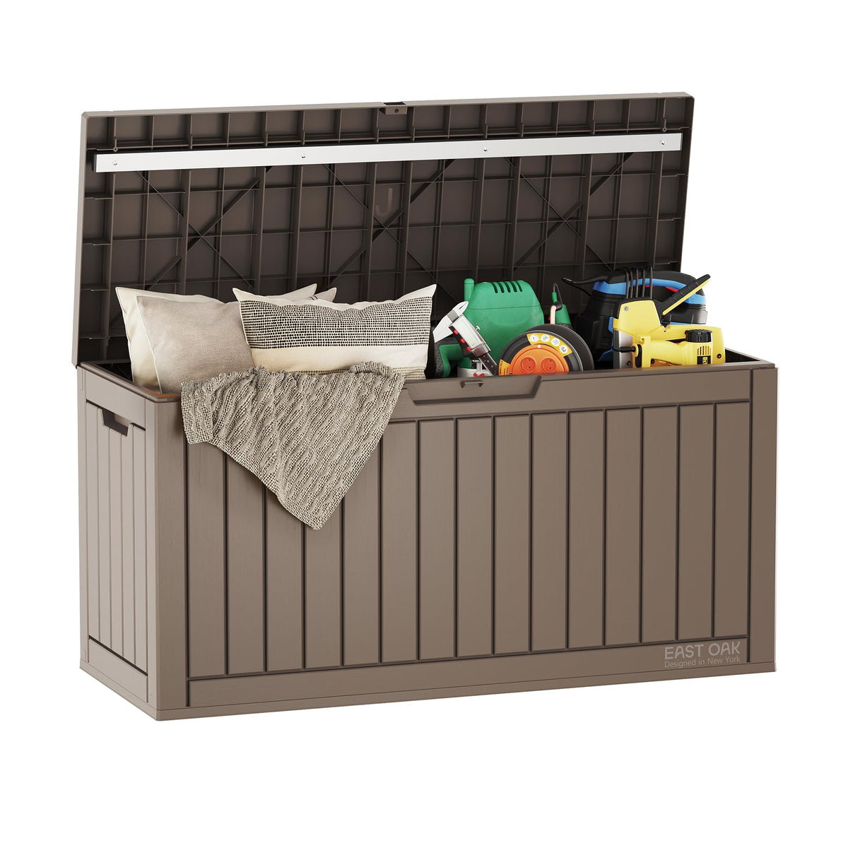 EAST OAK outdoor storage box open lid showing ample space for cushions and tools