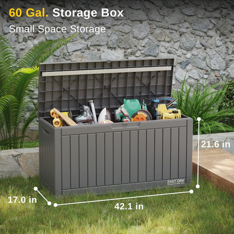 Waterproof resin construction of EAST OAK deck box protecting contents from rain