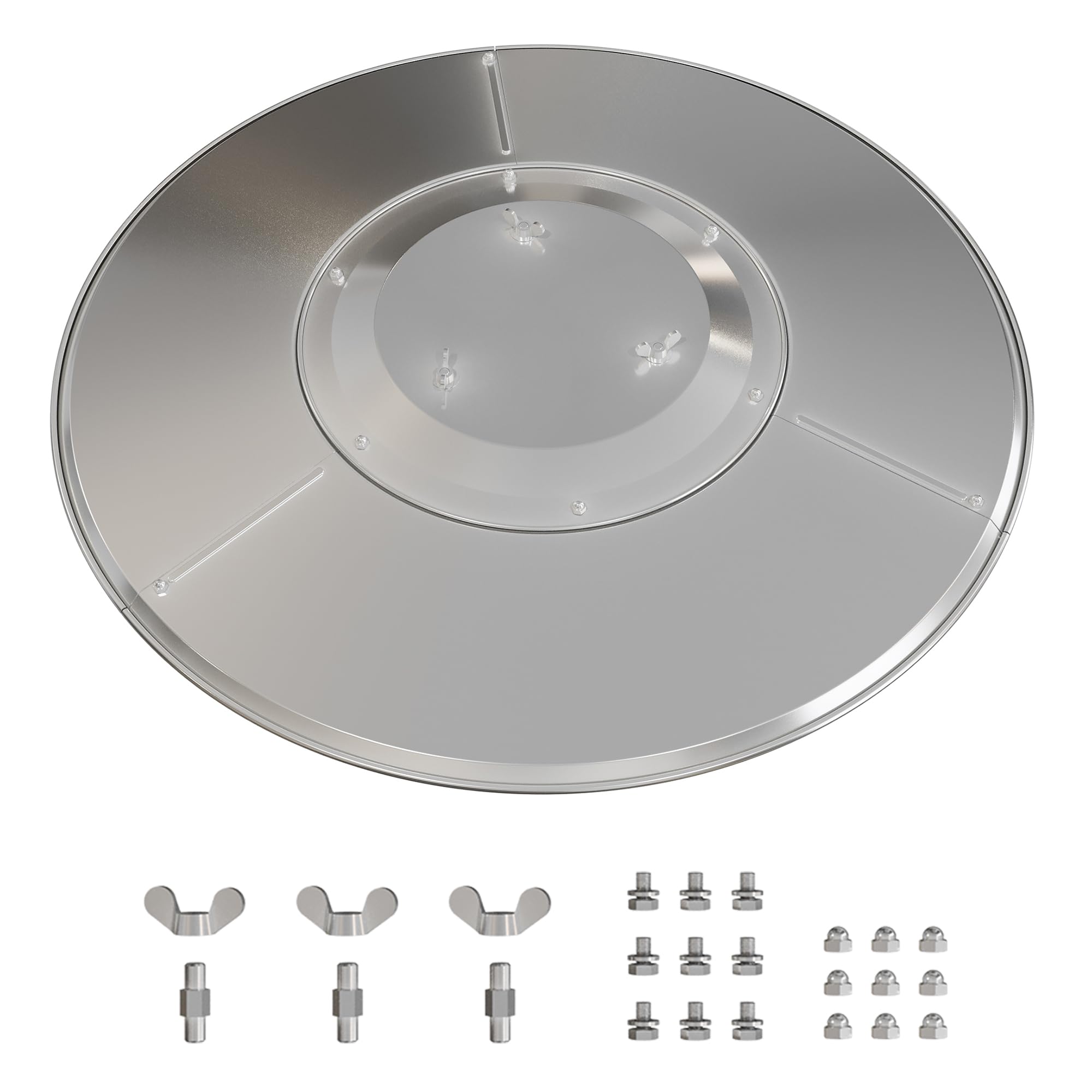 East Oak patio heater reflector shield assembly shows three-panel quick setup.