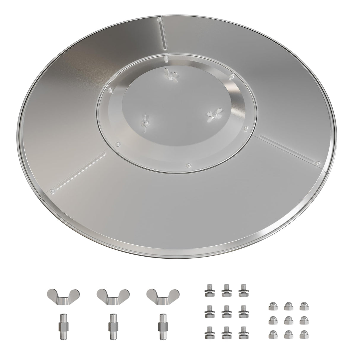 East Oak patio heater reflector shield assembly shows three-panel quick setup.